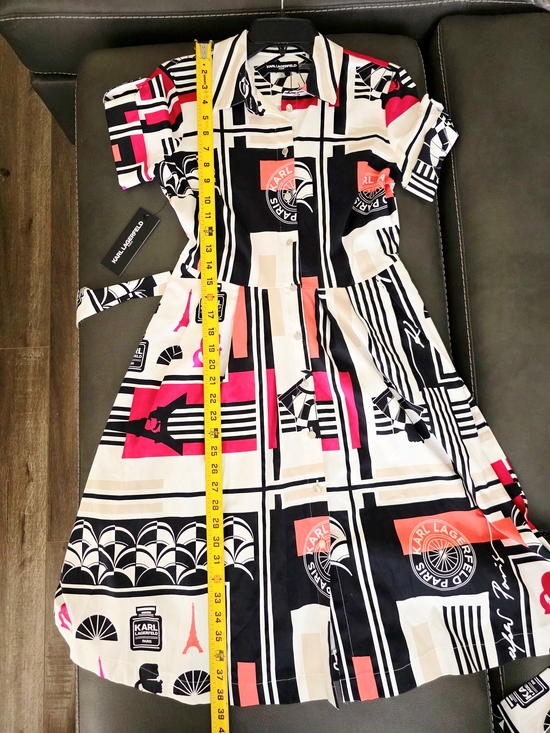 NWT Karl Lagerfeld Paris Logo Printed Shirt Dress Black White Coral Pink - US 2 - Picture 12 of 12